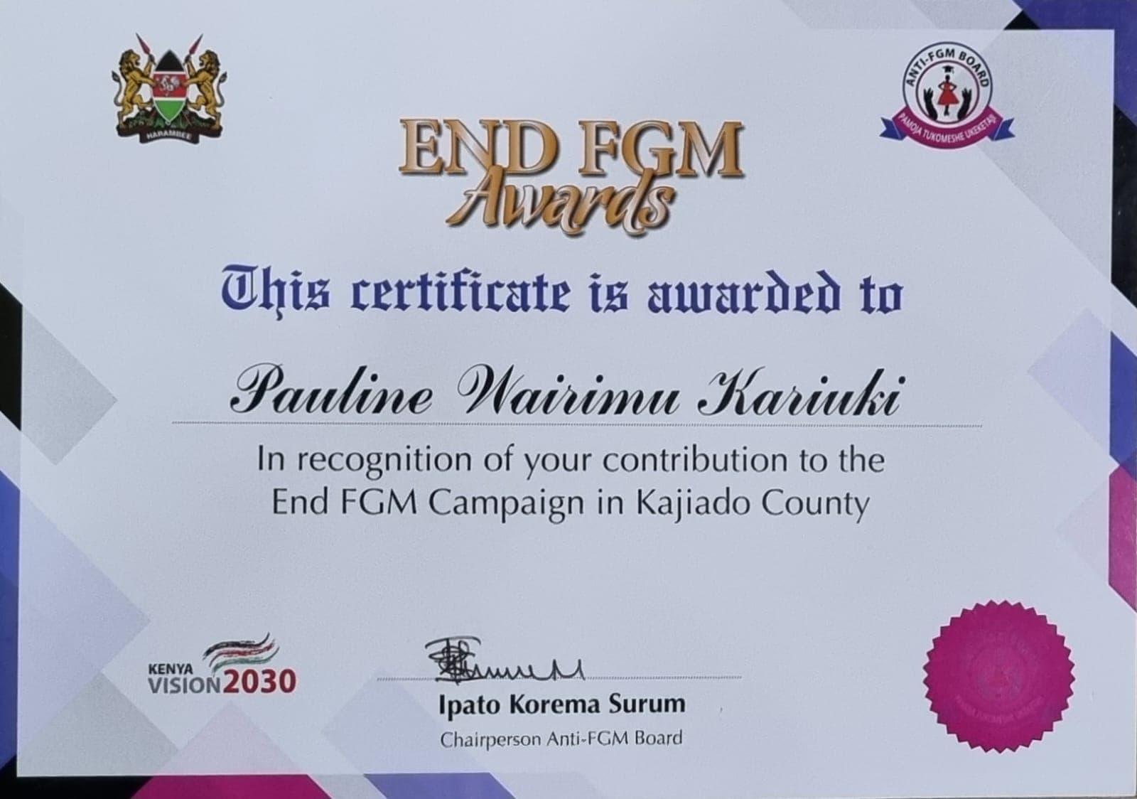 The End FGM Campaign award certificate presented to Rural Women Network